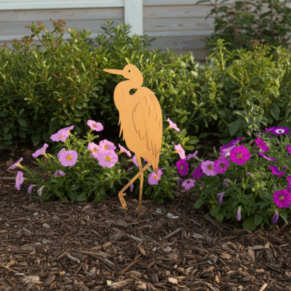 Décoration de jardin héron en optique rouille sur tige, dimensions 24 cm x 0,5 cm x 75 cm à l'extérieur