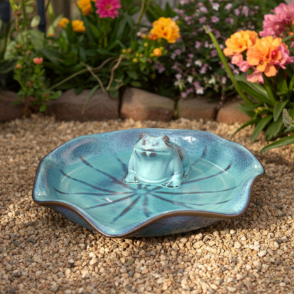 Abreuvoir à oiseaux turquoise en émail avec une grenouille décorative au milieu, forme ronde (Ø 30 cm, H 10 cm)