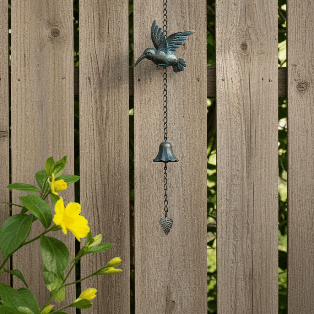Décoration de jardin suspendue représentant un oiseau avec une clochette accrochée