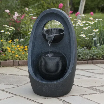 Fontaine de jardin moderne en polyrésine avec éclairage LED dans les deux bassins – cascade à 2 niveaux, alimentée par électricité, décorative