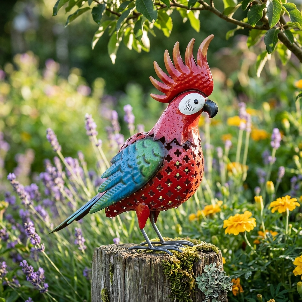 Statue de jardin en forme de perroquet en métal coloré rouge bleu et vert posée à l'extérieur