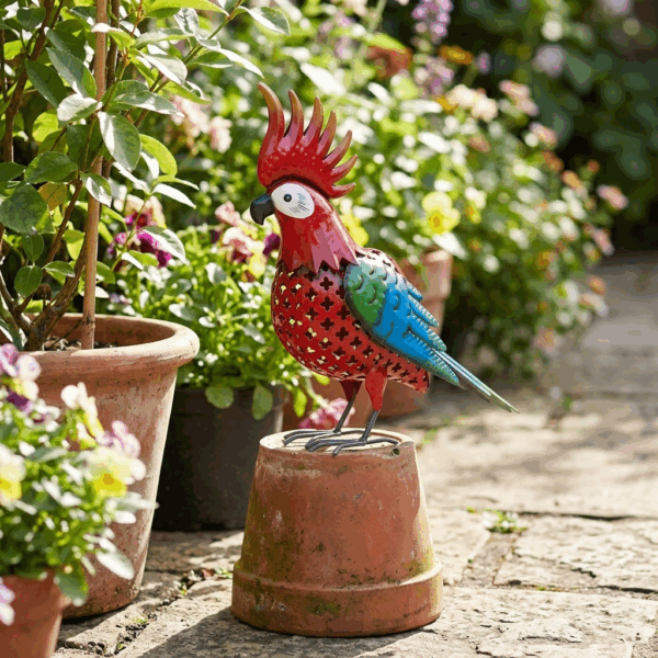 Statue de jardin en forme de perroquet en métal coloré rouge bleu et vert posée à l'extérieur