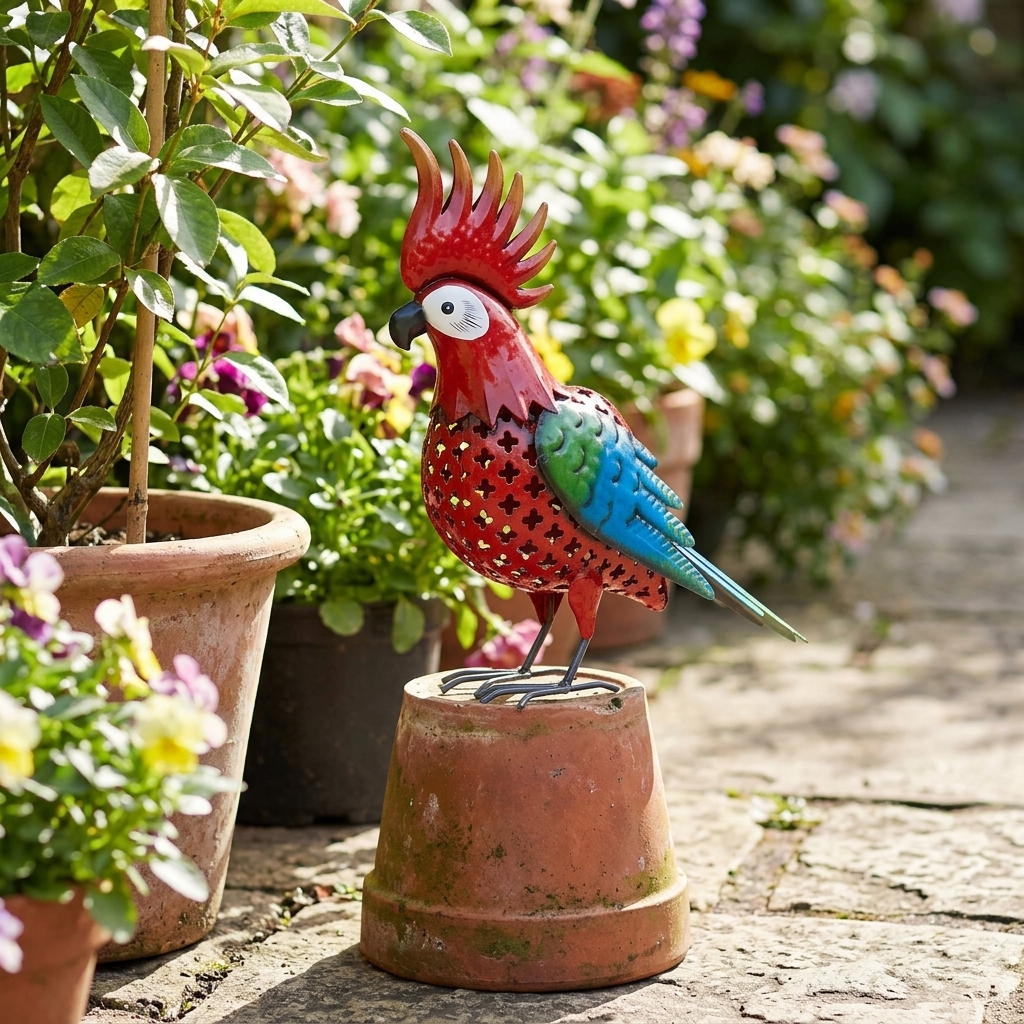 Statue de jardin en forme de perroquet en métal coloré rouge bleu et vert posée à l'extérieur