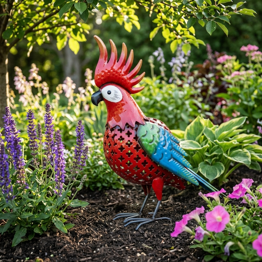 Statue de jardin en forme de perroquet en métal coloré rouge bleu et vert posée à l'extérieur