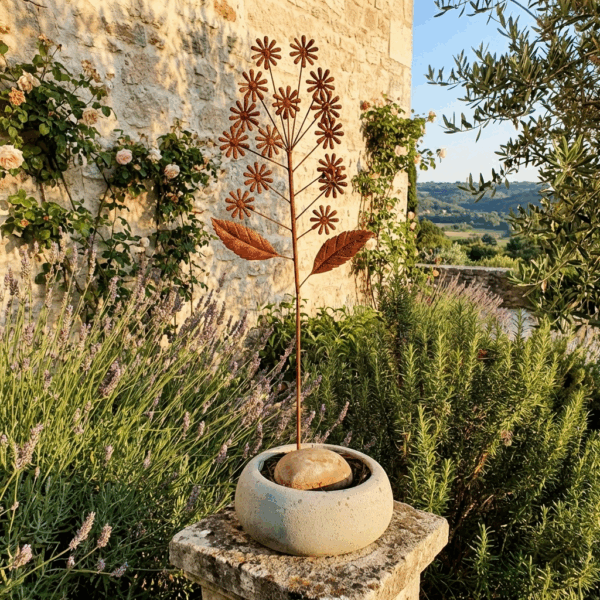 d'aspect rouille avec motifs de fleurs et de feuilles