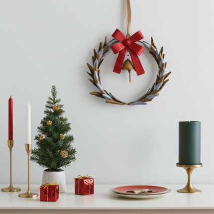 Couronne de Noël classique en laurier artificiel avec ruban rouge et petite cloche décorative