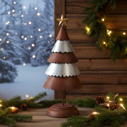 Sapin de Noël décoratif en métal aspect rouillé avec finitions argentées et étoile dorée au sommet