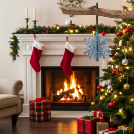 Décoration Noël, flocon de neige en métal gris-blanc à suspendre