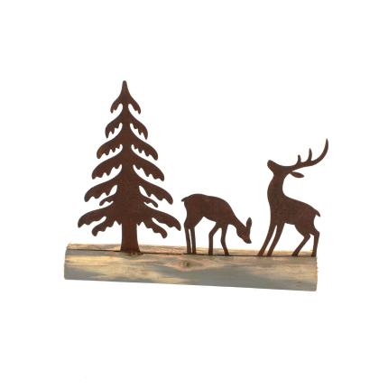 Décoration de Noël rustique, forêt en métal rouille avec socle en bois