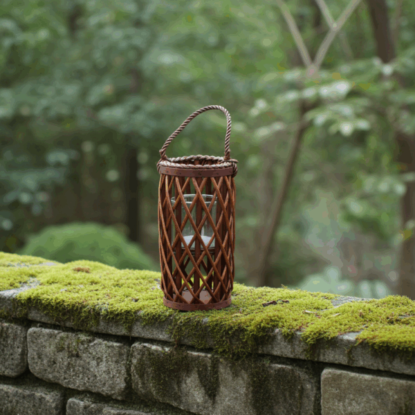 Lanterne décorative en rotin naturel, 31 cm de hauteur, présentée en extérieur sur un muret en pierre