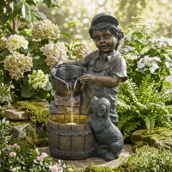 Fontaine de jardin en polyrésine aspect bronze jeune garçon avec chien et tonneau.